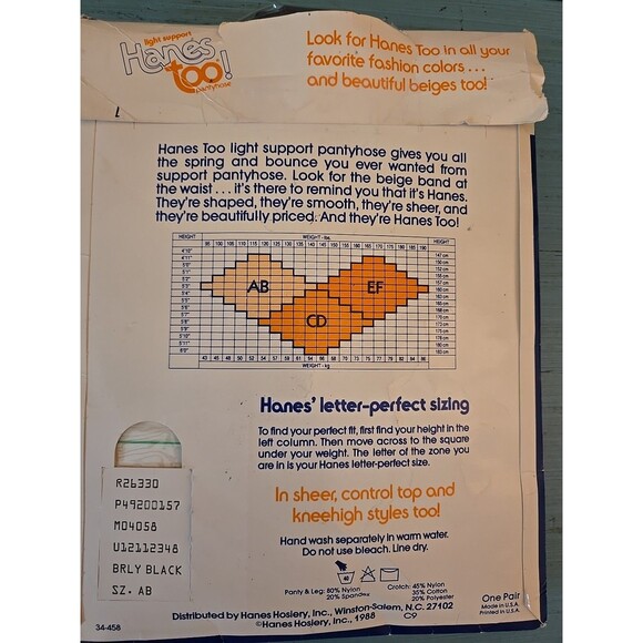 Hanes Too Light Support Pantyhose Sz AB Style 157 Barely Black Vtg 1986 New - Picture 2 of 6